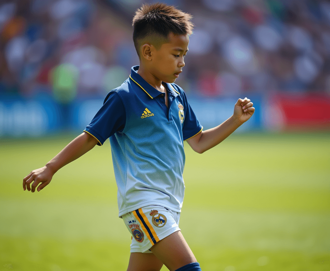 
full body shot 9 year old dancing asian boy with short wet faux hawk with highlights, wearing blue white hexagon marble fade adidas real madrid shirt with popped undone polo collar with yellow trim with small colorful cartoon briefs and football socks and trainers, in stadium looking over shoulder