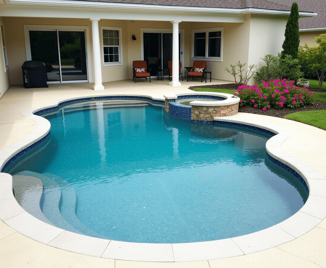 A rectangular swimming pool in a lanai with a tanning platform and a rectangular spa on the back side. Overall measurements are 36 feet by 16 feet 