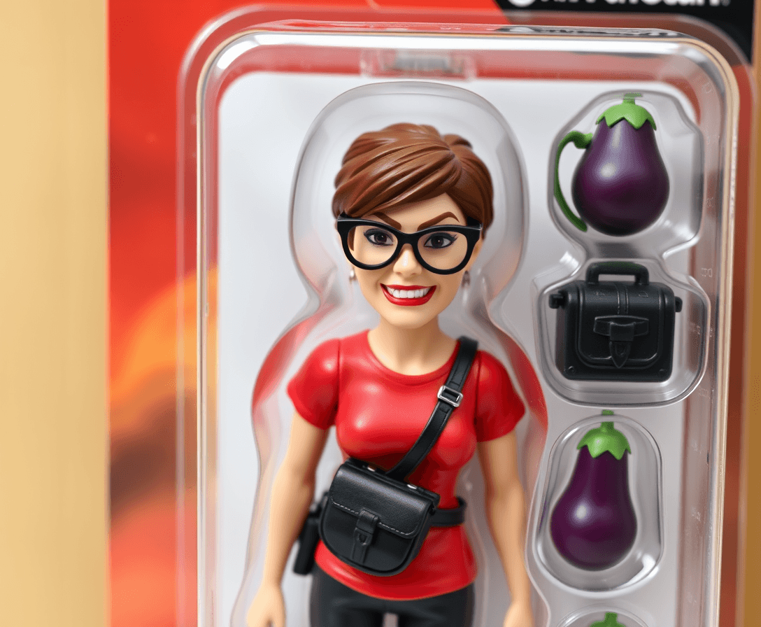 action figure toy in a plastic package, of an angry woman with very short brown hair and large reading glasses wearing a red t shirt, with a very angry smile, has accessories of a Molotov cocktail and black shoulder purse and purple eggplant, titled "angry liberal"