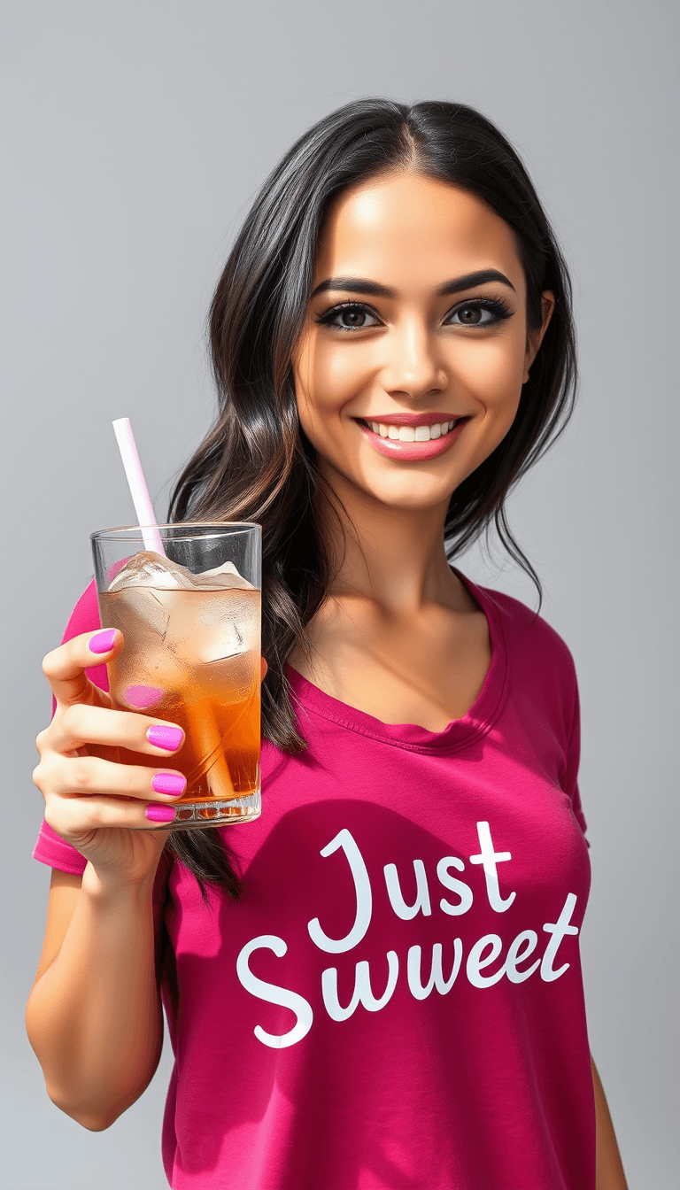 A Jenna Ortega like woman, in a dark pink top. she has a glass of ice tea with ice cubes. The shirt have the text JustSweet.  light grey background with no details. The sun is shining in.