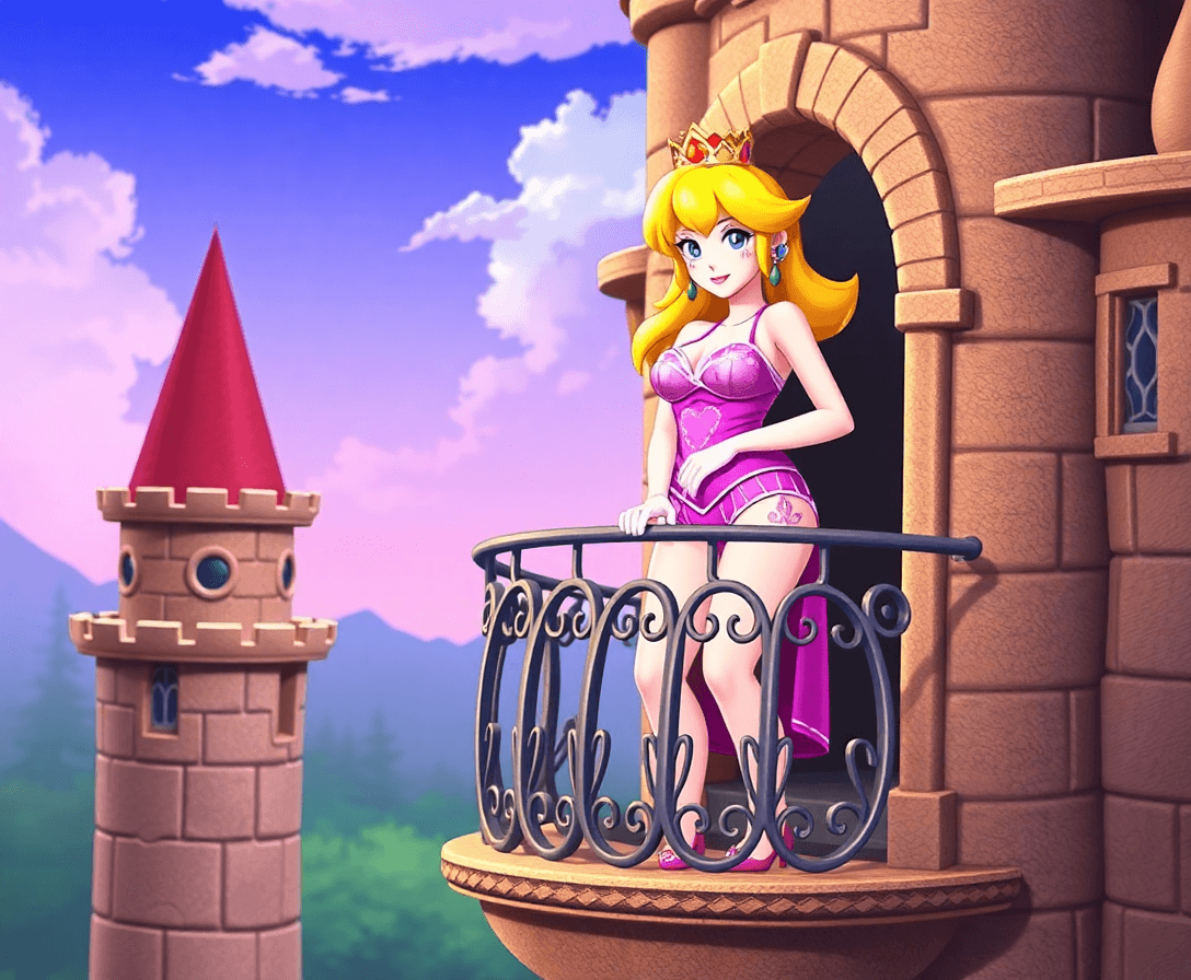 Princess Peach standing on her castle balcony in lingerie