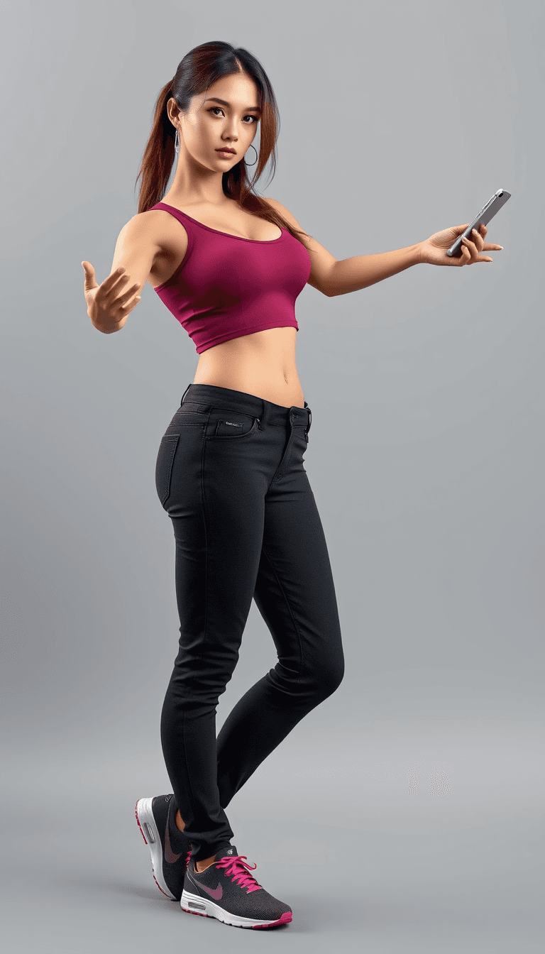 create a photorealistic 3d image of a young busty beautiful european woman who looks like Lara Croft with , she is wearing a dark pink top, have visible abdominal muscles, black jeans and color matching Nike tennis shoes. She is stretching out one hand where she is holding a small white tablet dispenser. Light gray background