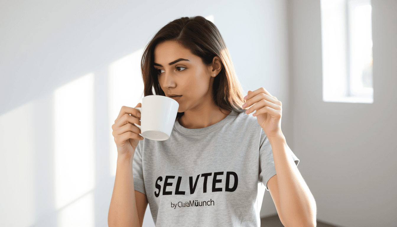 A young brunette, in a light grey t-shirt with the print "SELECTED by Claudia Münch". She is drinking black coffee from a white cup. The room have a light grey wall with no details or windows. The woman should be placed in the right side in the image facing left. The sun is shining in through a window.