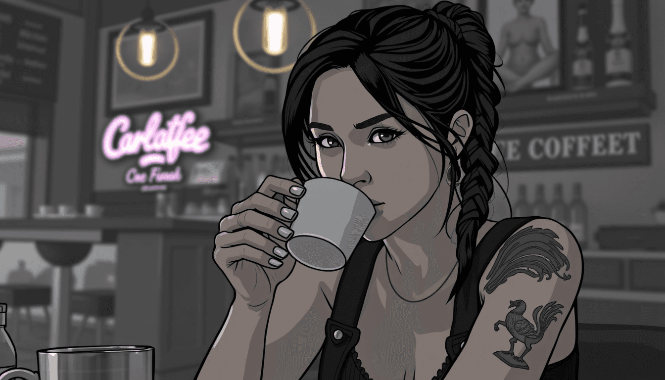 Lara croft in a coffee bar drinking coffee