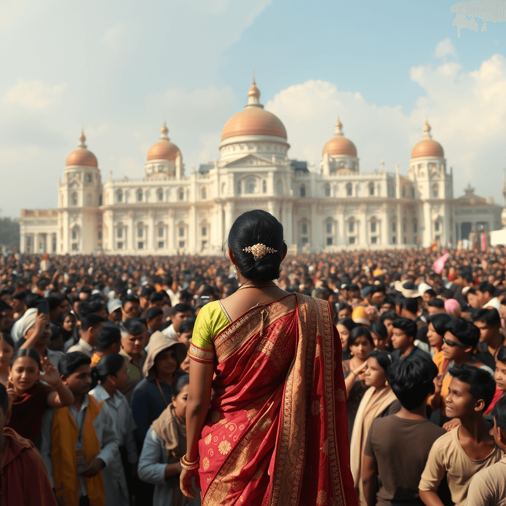 A princess from India standing Infront of a huge crowed asking for chocolate. there is a great palace behind the crowed.