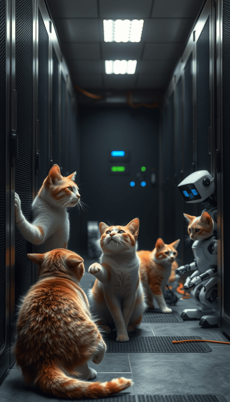 Cats and robots playing in a server room. Dark room, cool lighting, Natural, high resolution, 4k