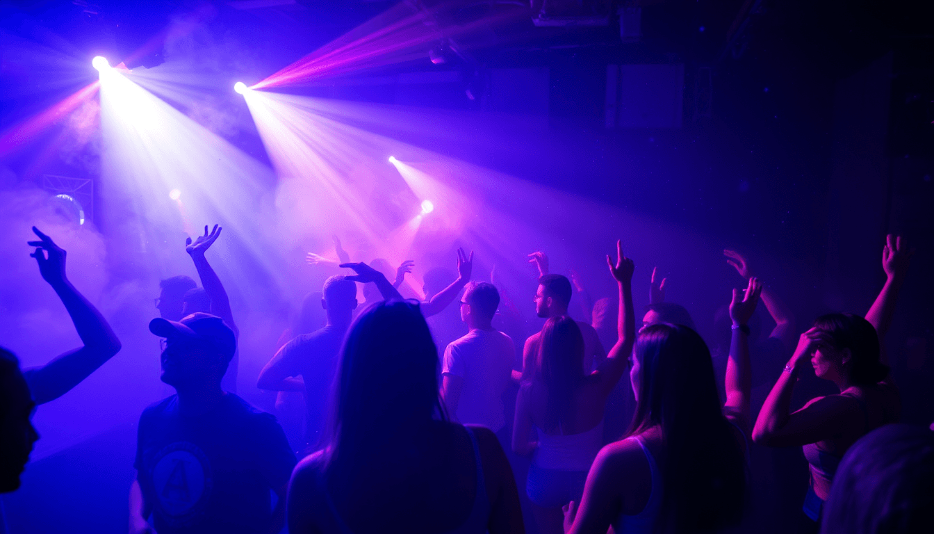 People dancing at a rave night club, lights smoke, glow, particles