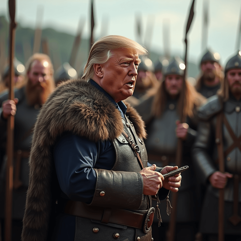 donald trump speaking to a legion of Viking warriors. 
