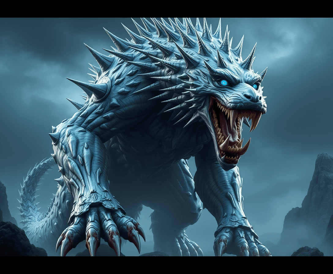 300 foot tall silver meatal wolf monster with meatal spikes ,sharp meatal teeth blue eyes, and meatal claws. titan. Enormous 