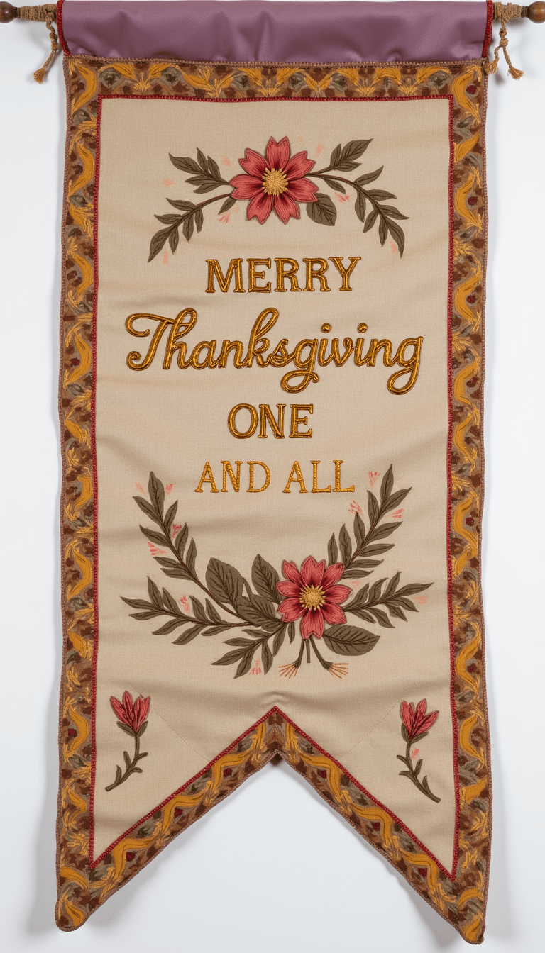 AN IMAGE OF A FLAG SHAPED, WAVY , LAVENDER, SATIN RIBBON BANNER,WITH BRIGHT GOLD EMBROIDERY  AND THE TEXT "MERRY THANKSGIVING ONE AND ALL".