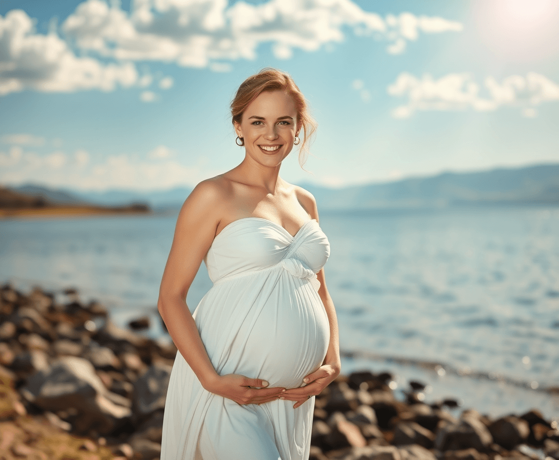 Emma Watson with a warm, genuine smile, wearing a flowing white maternity dress that accentuates her gentle curves, a 34B cup size enhancing her elegance, stands by the serene shores of Utah Lake on a beautiful sunny day, soft white clouds scattered across the sky, a delicate light beam illuminating the scene, evoking the style and romanticism of Pre-Raphaelite paintings, reminiscent of John Everett Millais and the dreamy landscapes of Thomas Kinkade, infused with the soft, ethereal glow of a watercolor piece by Rosie Sanders.