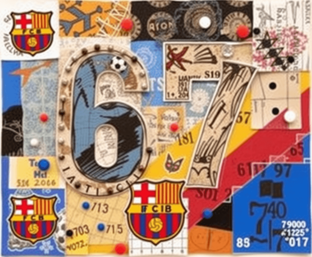 Create a collage featuring the number "67" as the central large focus, incorporating Beads as complementary elements, using Tissue Papers as the primary materials, employing Stamping techniques, and styling it with a Barcelona soccer theme.
