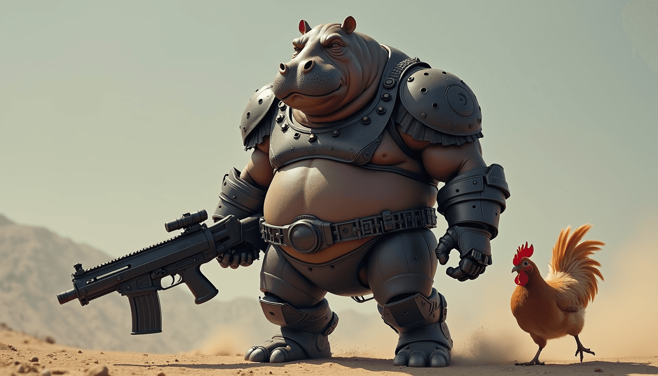 Hippo-Man wearing black techno armor and holding a rife. Robot battle chicken walking alongside him.