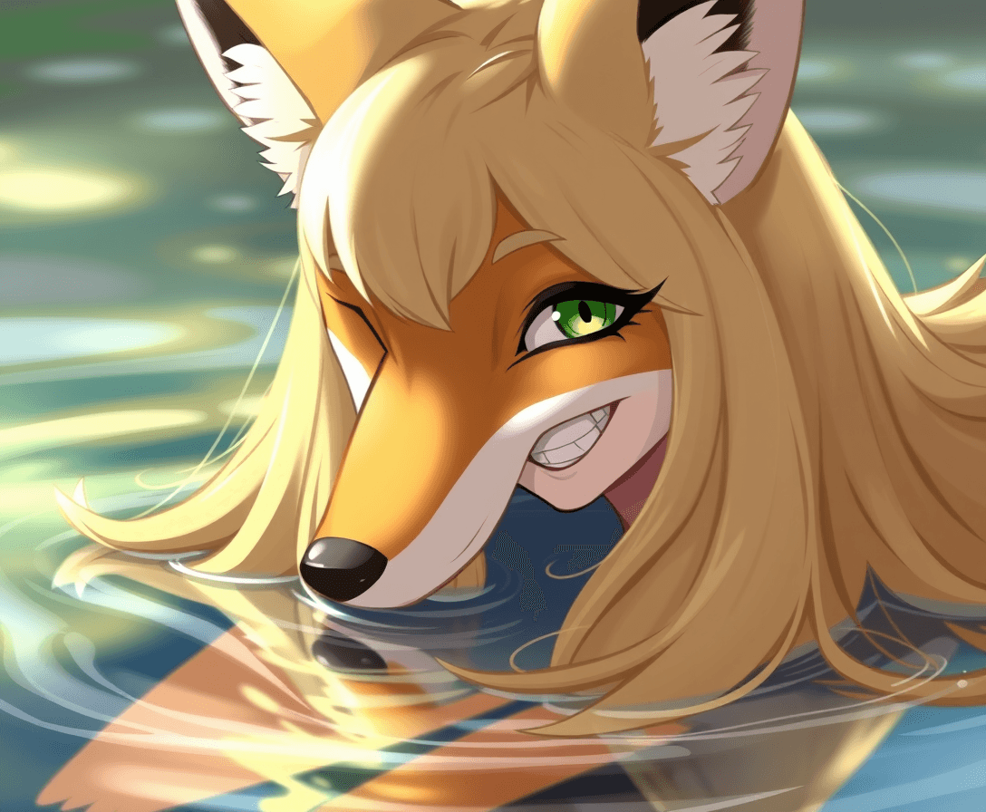 a grinning anthropomorphic female fox, with green eyes, and long blond hair resting in a pool of water