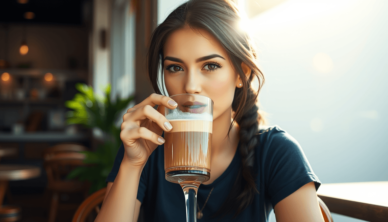 A young Lara Croft alike brunette, in a dark blue t-shirt. She is sitting in a coffee bar drinking a cafe latte from a high glass. light grey background with no details. The sun is shining in.