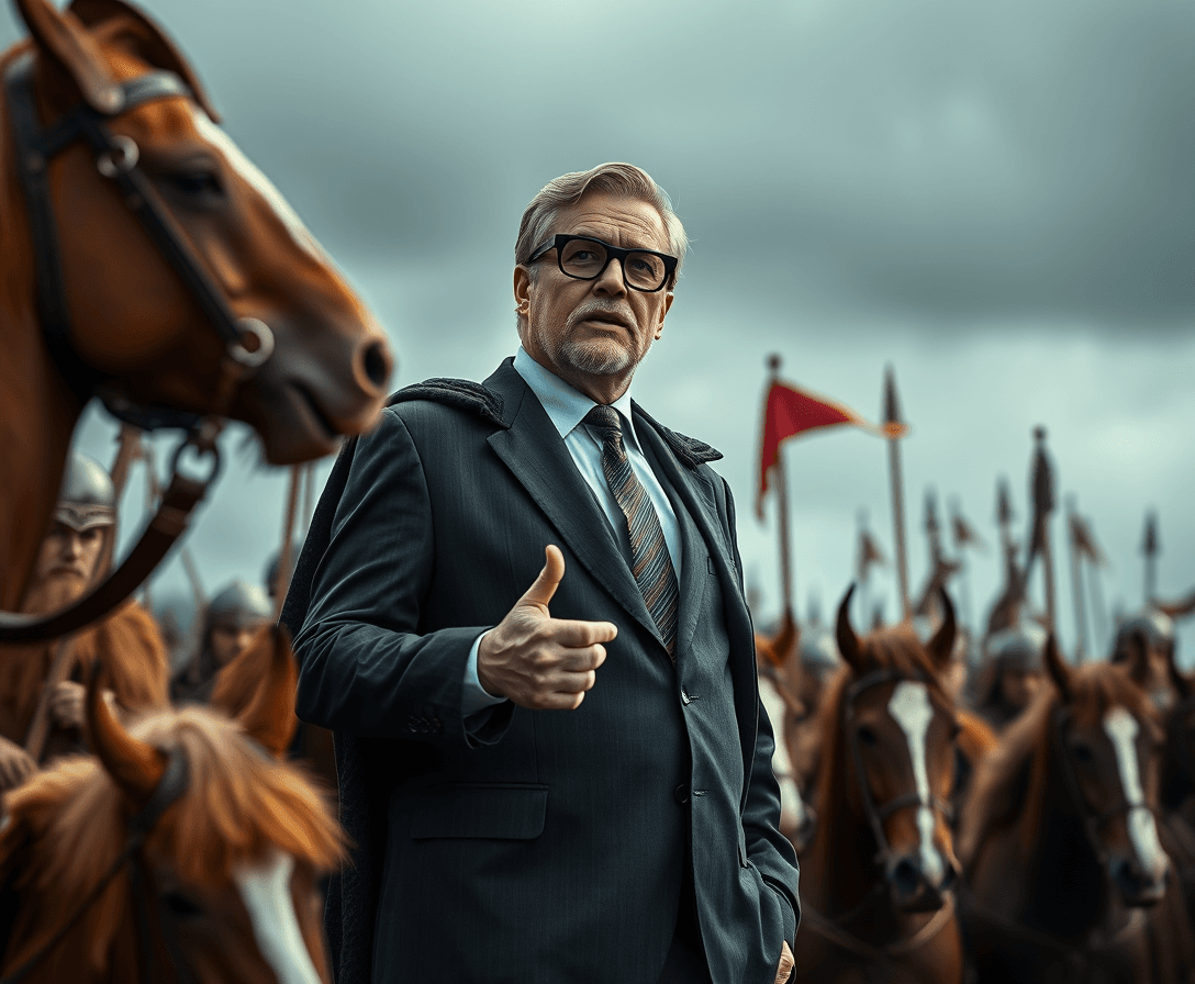 mark faust of echelon management www.em1990.com speaking to a legion of Viking warriors, mark dressed in a suit and tie, perhaps with a cape, thick black-rimmed Hollywood producer-style glasses, and horses kicking up ready for battle. 
