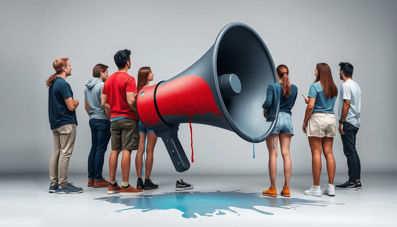 Young people, mixed men and women, with their backs to the screen, paint a megaphone. The background is gray and the megaphone is dark gray. There are turquoise, red and navy blue colors on the megaphone, which drip on the floor, giving it a painted look. 