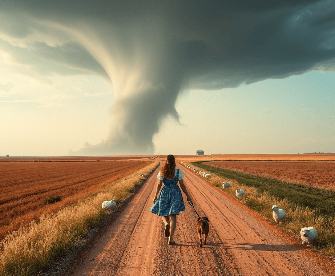 Dorothy walks along a dusty dirt road in Kansas, her loyal dog Toto trotting beside her. In the distance, a massive tornado looms on the horizon, its dark funnel cloud contrasting sharply with the otherwise serene landscape.