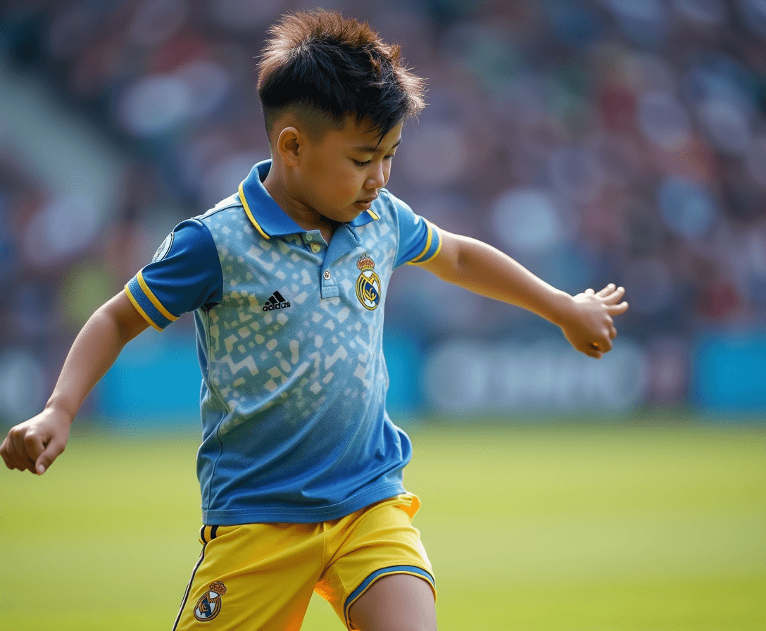 
full body shot 9 year old dancing asian boy with short wet faux hawk with highlights, wearing blue white hexagon marble fade adidas real madrid shirt with popped undone polo collar with yellow trim with small colorful cartoon briefs and football socks and trainers, in stadium looking over shoulder