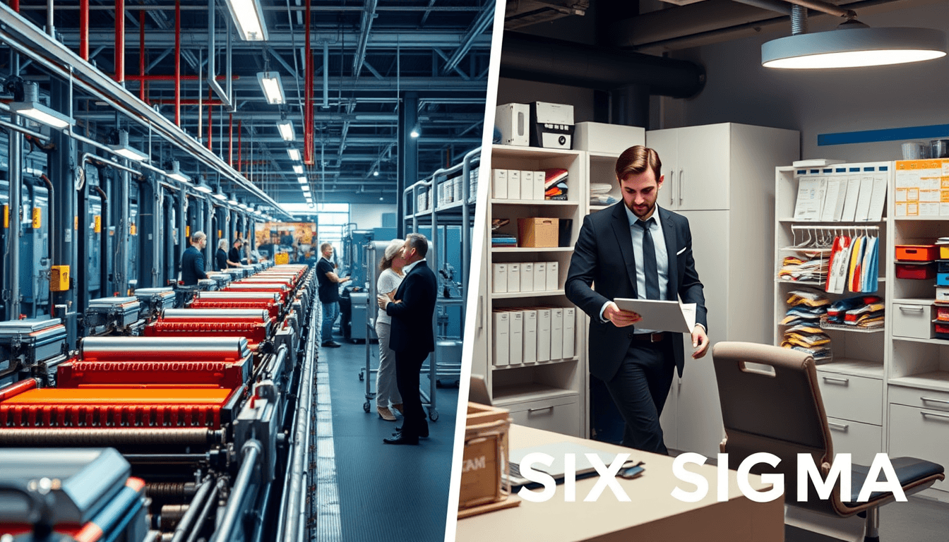 Create a high-quality, visually striking image that powerfully represents the principles of Lean Six Sigma. On one side, depict a cutting-edge, ultra-modern production line in a business setting, with sleek machinery and optimized workflows, symbolizing efficiency and precision (Lean principles). On the other side, show an individual in a meticulously organized, stylish personal space, perhaps managing a digital calendar or decluttering, representing the application of Six Sigma for personal improvement. The image should be dynamic and engaging, with vibrant colors and a polished, professional aesthetic, emphasizing the impact of Lean Six Sigma on both work and personal life.