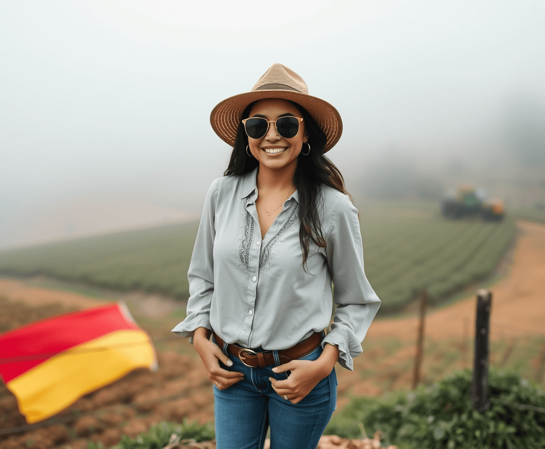 A latina woman standing at a Colombian farm, hat, blue jeans, blouse, sunglasses, fog, Belgic flag, smiling at the camera, high-angle