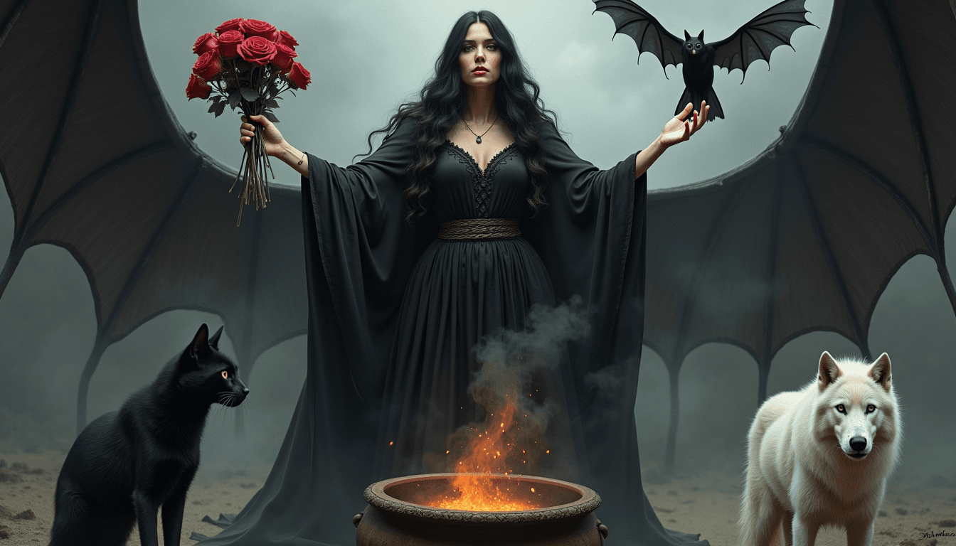 a woman in a black robe in front  of a cauldron with arms in the air and roses in one hand.  She has a black cat,   a black horse, black bat, white wolf, gothic art, fantasy magic