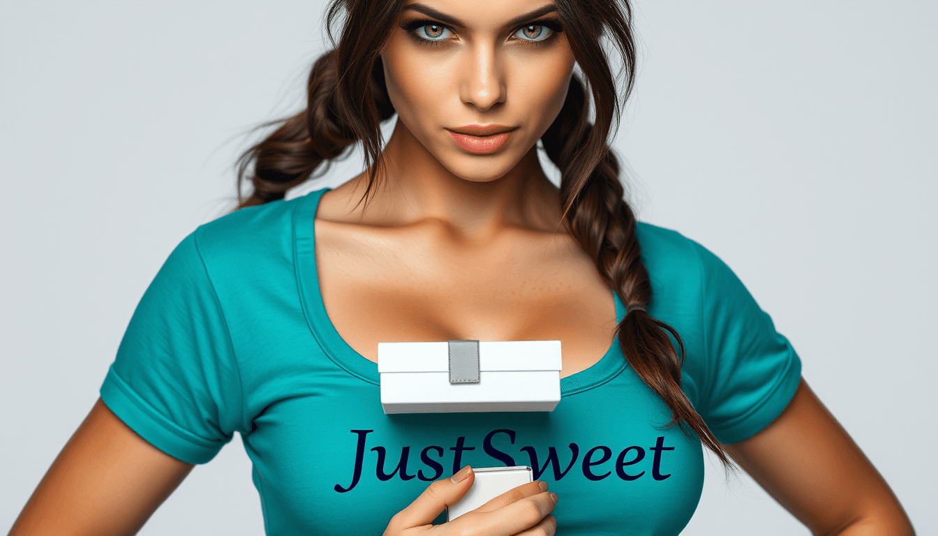 A photo realistic Lara Croft look alike busty brunette woman, with green eyes wearing a turquise top with the text JustSweet. she is holding a small white rectangular box. The shirt have the text JustSweet.  light grey background without details.