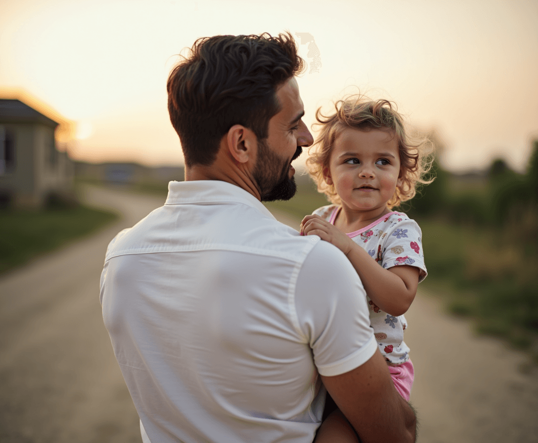 a dad holding a 2-year-old girl