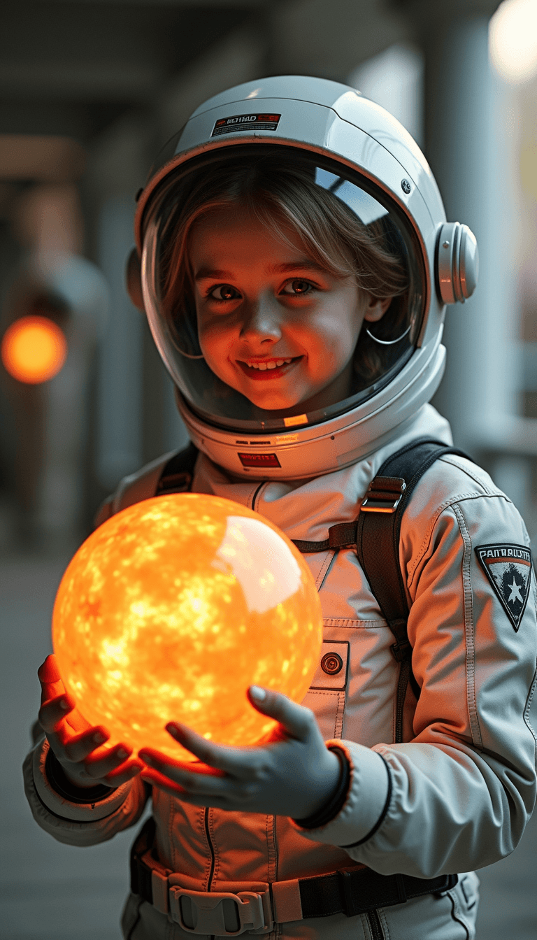 a teenage girl holding a transparent ball containing the sun, dressed in a futuristic space suit