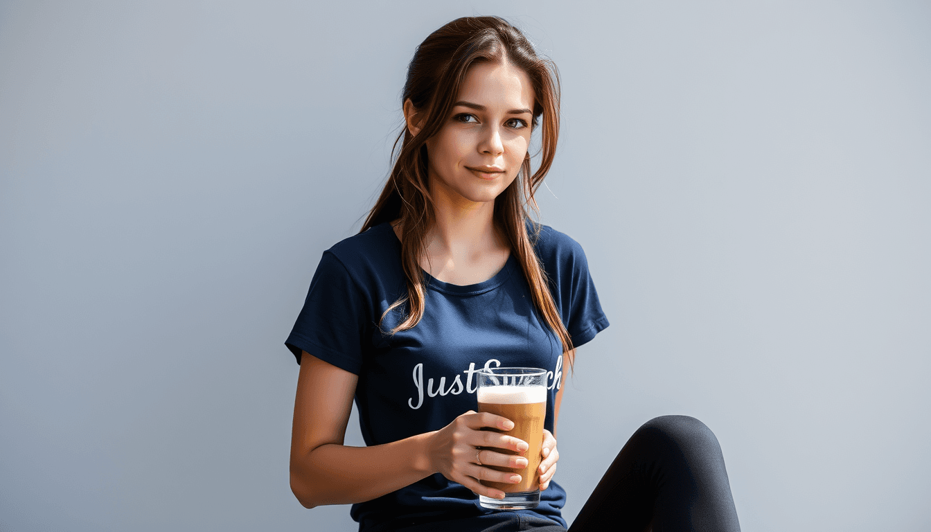 A young Lara Croft like brunette, in a dark blue t-shirt. Black dongeri pants. she have glass with a cafe latte in front of her. The shirt have the text Claudia Münch JustSweet.  light grey background with no details. The sun is shining in.