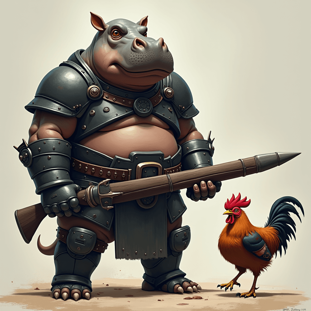 Hippo-Man wearing blackarmor and holding a rife. Robot battle chicken walking alongside him.