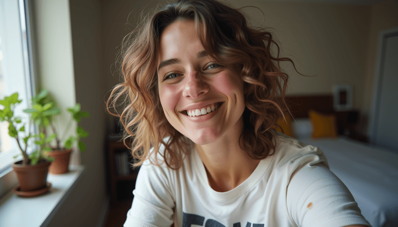 An ultra-realistic smartphone selfie of a young woman in her mid-20s. The photo has the characteristic sharpness and vivid color of a high-end smartphone camera, with slight motion blur on one edge. The image is taken in natural daylight, causing mild overexposure on one side of her face. She has shoulder-length curly hair with grown-out highlights. Her expression is a genuine, slightly lopsided smile with a hint of tiredness around her eyes. She's wearing a comfortable, well-worn graphic t-shirt with a faded band logo. The background is a lived-in studio apartment, with a unmade bed and a small bookshelf visible. A houseplant with a few yellowing leaves sits on a windowsill behind her. There's a small coffee stain barely visible on the collar of her shirt.