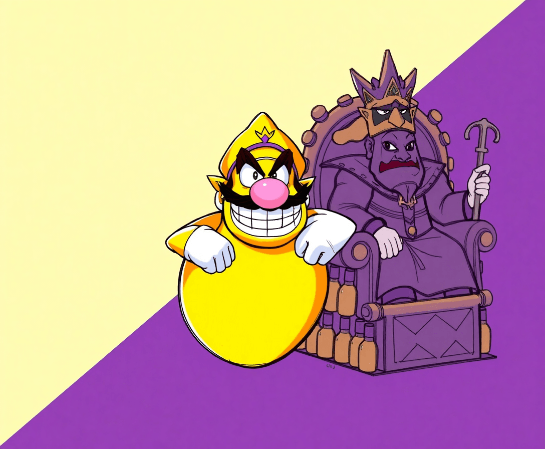Detailed Sketch Layout
1. Background:

Diagonal split from top-left to bottom-right.
Left side (Wario Land 67): Warm tropical colors — gradient from golden yellow (#FFD54F) at the top fading into a soft mango orange (#FFB74D) near the center.
Right side (The Wario Land of 87): Darker, spooky palette — deep purple (#6A1B9A) fading into midnight blue (#283593).
2. Left Side Elements:

Wario as Mango:
Shape: Rounded mango with a slight shine/highlight on the top right.
Face: Wario’s nose, mustache, and grin centered on the mango’s front.
Colors: Mango base in bright yellow-orange (#FFB300), with purple accents on the hat and gloves (#6A1B9A).
Expression: Confident, cheeky grin.
Mustard King:
Positioned slightly behind and to the right of mango-Wario.
Sitting on a throne made of mustard bottles (yellow with red caps).
Holding a scepter dripping mustard (bright yellow #FFEB3B).
Regal pose with a playful smirk.
3. Right Side Elements:

Wario Looking Unsure:
Full body or upper torso visible.
Expression: Raised eyebrow, slight frown, eyes looking sideways.
Colors: Classic Wario outfit — yellow hat and shirt (#FFEB3B), purple overalls (#6A1B9A).
Springtrap:
Behind Wario, looming large but slightly faded to keep focus on Wario.
Mechanical details highlighted with greenish glow (#4CAF50).
Shadows and subtle metallic textures to add creepiness.
4. Title & Branding:

Centered at the bottom or top.
Font: Bold, playful sans-serif with slight cartoonish curves.
Text color: Gradient fill blending mango yellow (#FFD54F) into spooky purple (#6A1B9A).
Embellishments: Small mango leaves on the “67” and mechanical gears or wires around the “87”.
Nintendo Switch logo in bottom right corner.
Color Palette Summary
Element	Color Hex	Notes
Mango Base	#FFB300	Bright yellow-orange
Mango Highlights	#FFD54F	Golden yellow
Wario Hat/Gloves	#6A1B9A	Purple
Mustard Yellow	#FFEB3B	For Mustard King & scepter
Mustard Bottle Caps	#D32F2F	Red caps
Background Left	#FFD54F → #FFB74D	Warm tropical gradient
Background Right	#6A1B9A → #283593	Dark spooky gradient
Springtrap Glow	#4CAF50	Greenish eerie light
Wario Outfit	#FFEB3B & #6A1B9A	Classic colors
Font Suggestions
Primary Title:
“Luckiest Guy” or “Fredoka One” — both are bold, rounded, and playful fonts that fit the Wario vibe.
Subtext / Tagline:
“Roboto” or “Open Sans” for clean readability.
Additional Tips
Use subtle shadows and highlights to give depth to characters and objects.
Keep Wario’s expressions exaggerated but clear to convey the mood instantly.
Balance the bright left side with the darker right side so neither overwhelms the other.
Add small details like mustard splashes or mechanical sparks to enrich the scene.