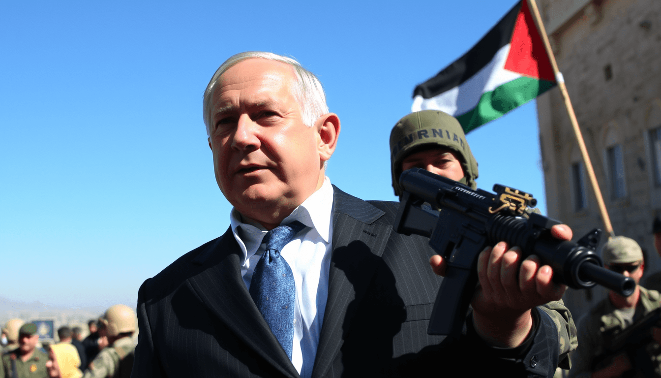 Benjamin Netanyahu being abraded by Palestinian fighter during war