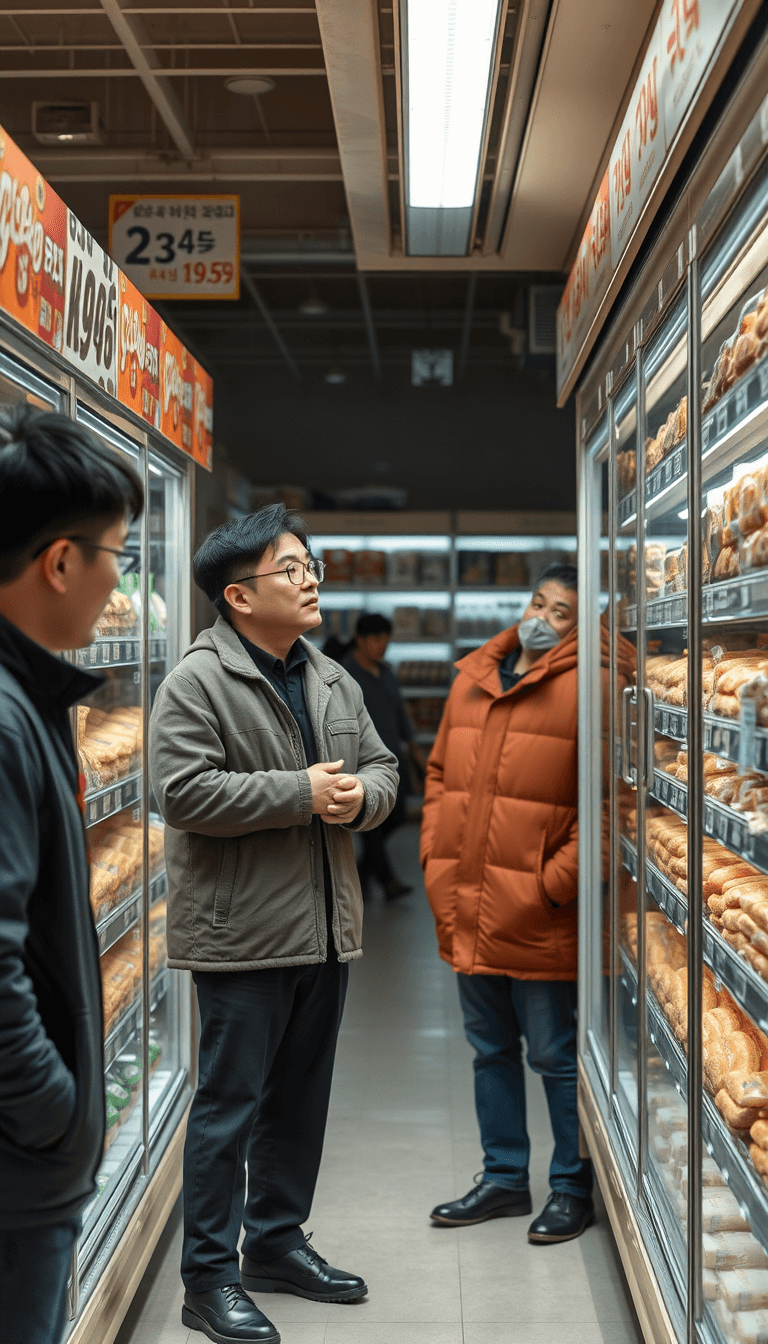 make a  realistic photo of a korean man asking another korean man where he can find the bread. this photo is made in a supermarket store.