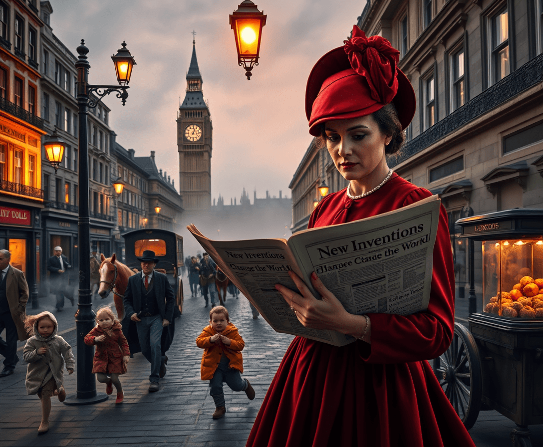 A bustling Victorian-era London street at twilight, with horse-drawn carriages moving through the cobblestone roads. A well-dressed woman in a crimson dress and bonnet is standing under a gas street lamp, reading a folded newspaper with the headline: 'New Inventions Change the World!'. The glow of the lamp casts a warm light on her face. Steam rises from a nearby street vendor's cart selling roasted chestnuts, while children in tattered clothes run playfully in the background. In the distance, the clock tower of Big Ben looms, half-covered in a misty fog. The realism should highlight the textures of the street, the detailed facial expressions of the woman, and the subtle nuances of the mist and lighting.