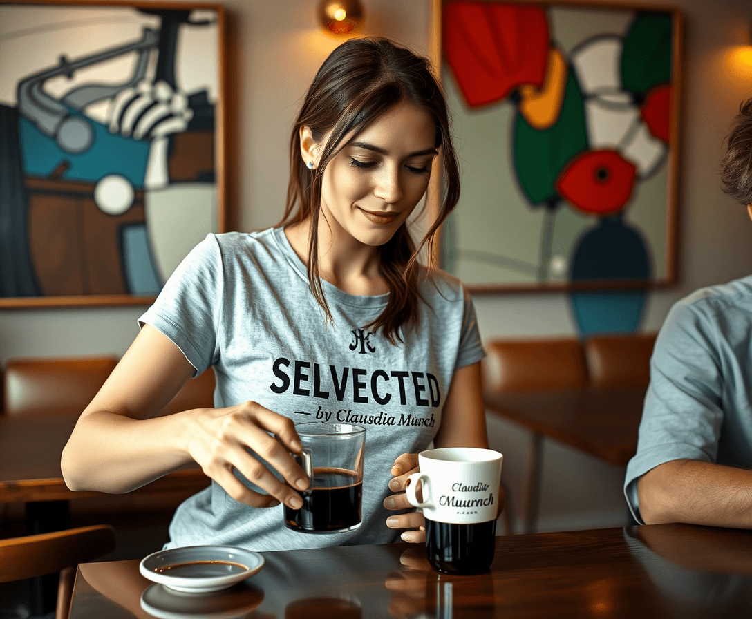 A mid-20 brunette, Lara Croft like,  in a light grey t-shirt with the print "SELECTED by Claudia Münch" serving a couple black coffee in a cozy coffee bar with picasso inspired art on the wall. The cups have print with the text "Claudia Münch" 