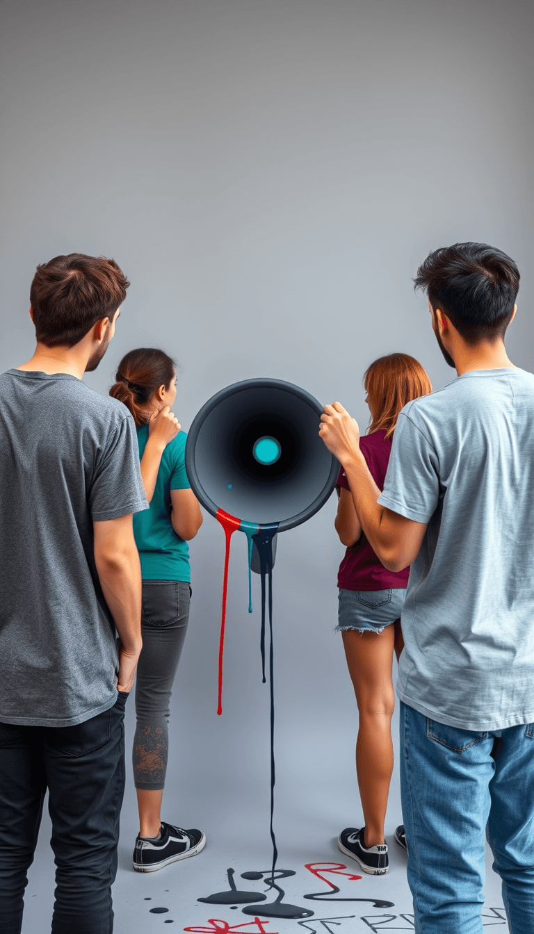 Young people, mixed men and women, with their backs to the screen, paint a megaphone. The background is gray and the megaphone is dark gray. There are turquoise, red and navy blue colors on the megaphone, which drip on the floor, giving it a painted look. 