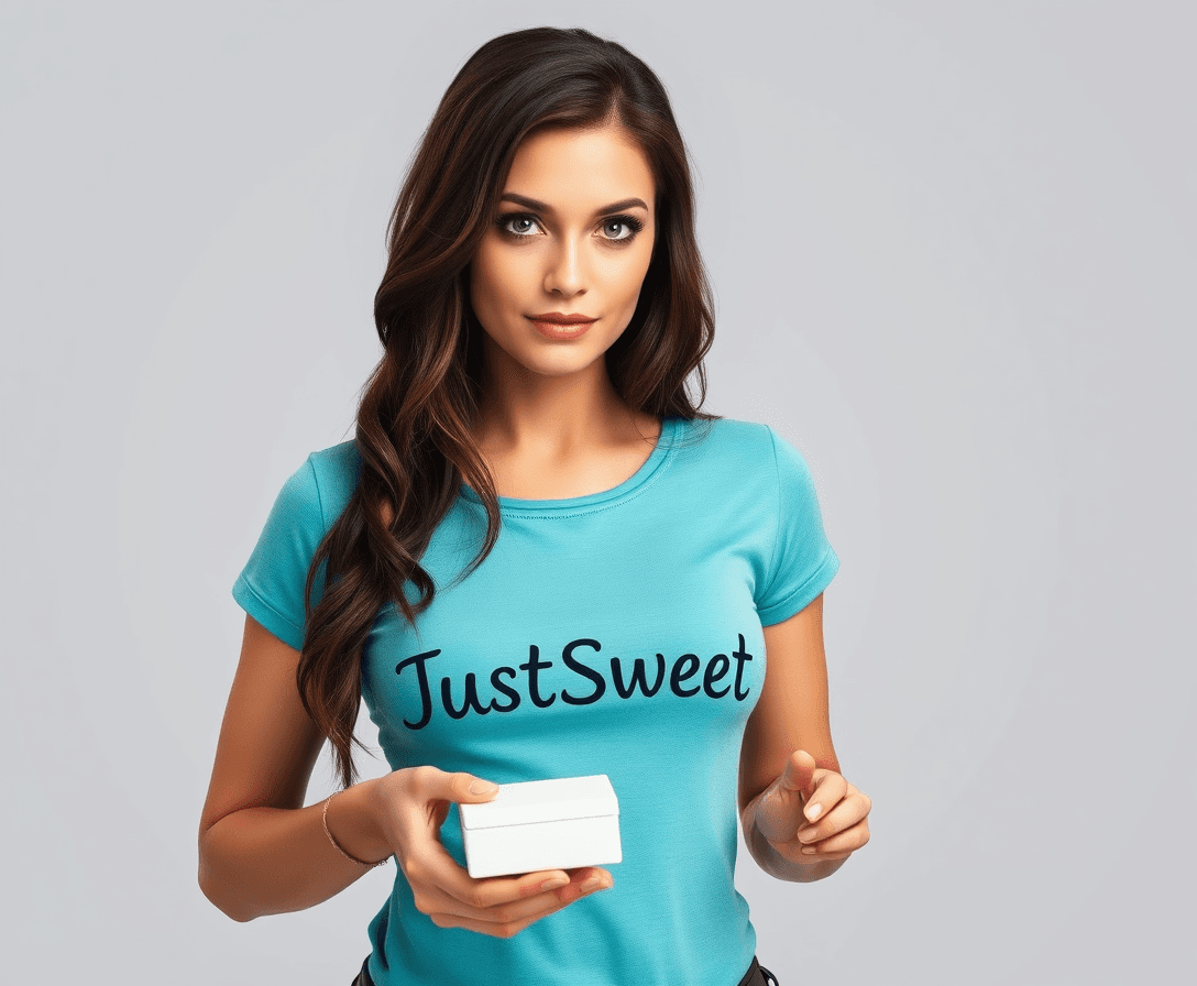 A photo realistic Lara Croft look alike busty brunette woman, with green eyes wearing a turquise top with the text JustSweet. she is holding a small white rectangular box. The shirt have the text JustSweet.  light grey background without details.