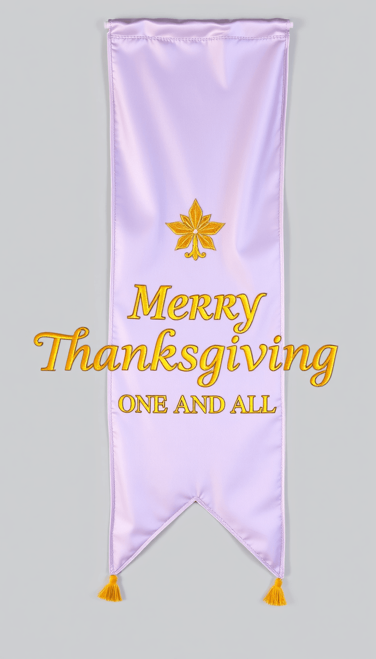 AN IMAGE OF A FLAG SHAPED, WAVY , LAVENDER, SATIN RIBBON BANNER,WITH BRIGHT GOLD EMBROIDERY  AND THE TEXT "MERRY THANKSGIVING ONE AND ALL".