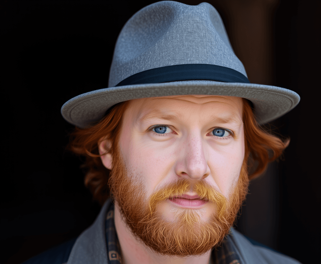 man with red beard and hair wearing a grey akubra hat
