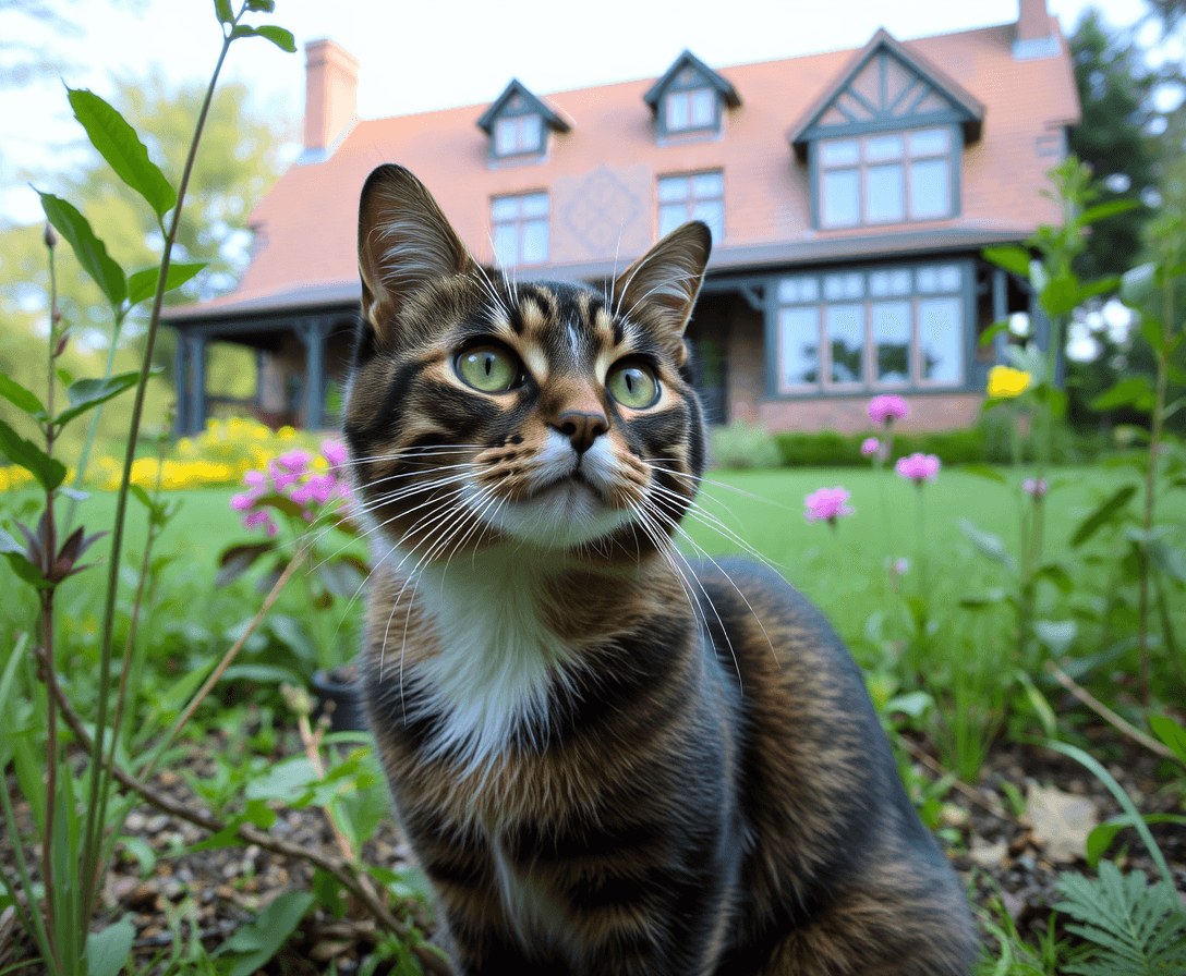 A cat in a garden of a large house