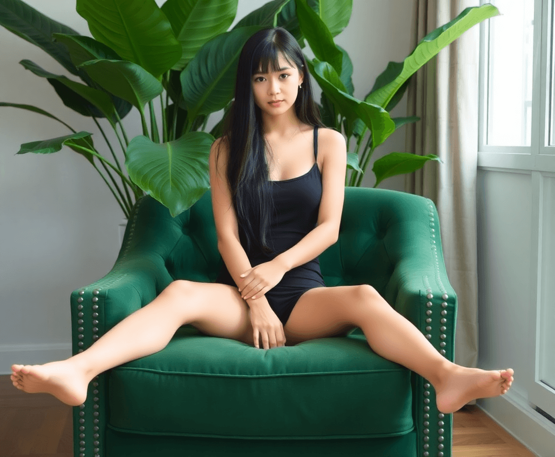 image shows a girl sitting on a green upholstered chair in a room with large green plants in the background. The individual has long, dark hair and is posed with their legs spread apart, revealing. The setting appears to be indoors near a window, with natural light illuminating the scene.