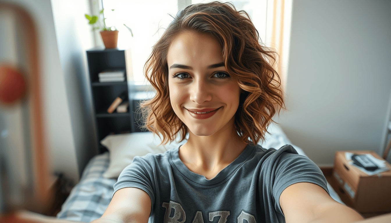 An ultra-realistic smartphone selfie of a young woman in her mid-20s. The photo has the characteristic sharpness and vivid color of a high-end smartphone camera, with slight motion blur on one edge. The image is taken in natural daylight, causing mild overexposure on one side of her face. She has shoulder-length curly hair with grown-out highlights. Her expression is a genuine, slightly lopsided smile with a hint of tiredness around her eyes. She's wearing a comfortable, well-worn graphic t-shirt with a faded band logo. The background is a lived-in studio apartment, with a unmade bed and a small bookshelf visible. A houseplant with a few yellowing leaves sits on a windowsill behind her. There's a small coffee stain barely visible on the collar of her shirt.