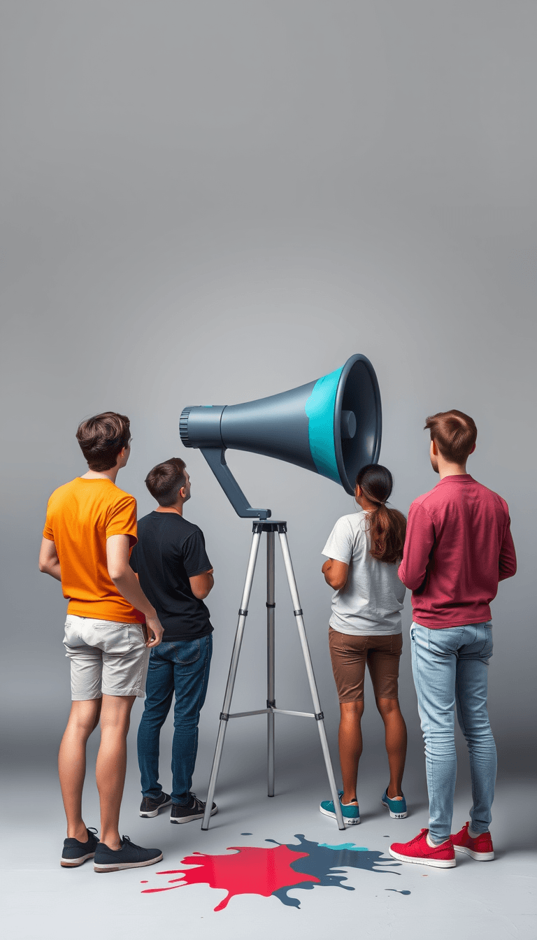 Young people, mixed men and women, with their backs to the screen, paint a megaphone. The background is gray and the megaphone is dark gray. There are turquoise, red and navy blue colors on the megaphone, which drip on the floor, giving it a painted look. 