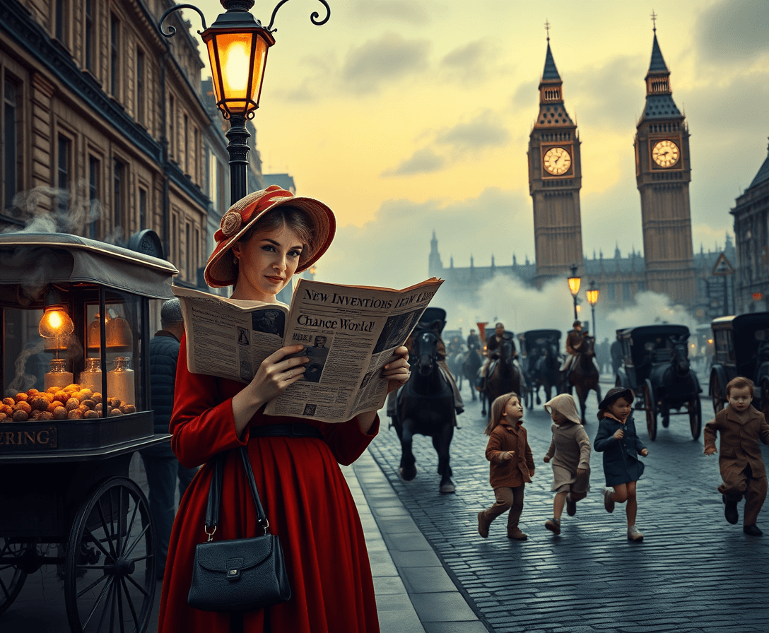 A bustling Victorian-era London street at twilight, with horse-drawn carriages moving through the cobblestone roads. A well-dressed woman in a crimson dress and bonnet is standing under a gas street lamp, reading a folded newspaper with the headline: 'New Inventions Change the World!'. The glow of the lamp casts a warm light on her face. Steam rises from a nearby street vendor's cart selling roasted chestnuts, while children in tattered clothes run playfully in the background. In the distance, the clock tower of Big Ben looms, half-covered in a misty fog. The realism should highlight the textures of the street, the detailed facial expressions of the woman, and the subtle nuances of the mist and lighting.