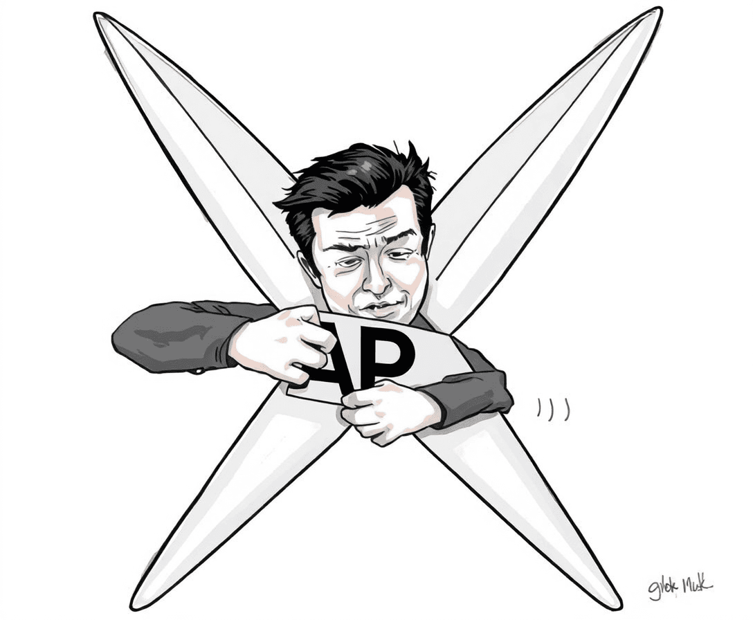 Grok please draw Elon Musk squeezing giant scissors in the shape of large black X. The scissors ends are squeezing the AP logo (Associated Press logo). Subtitle it: "Agonizing Pinch"  