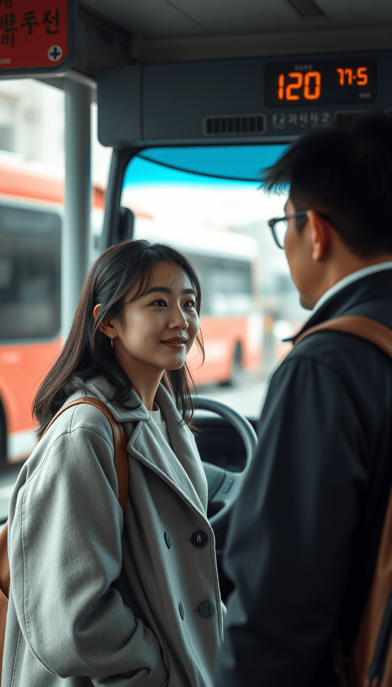 make a  realistic photo of a beautiful 30 years korean woman standing at the bus station and asking another korean man when drives the next bus. 