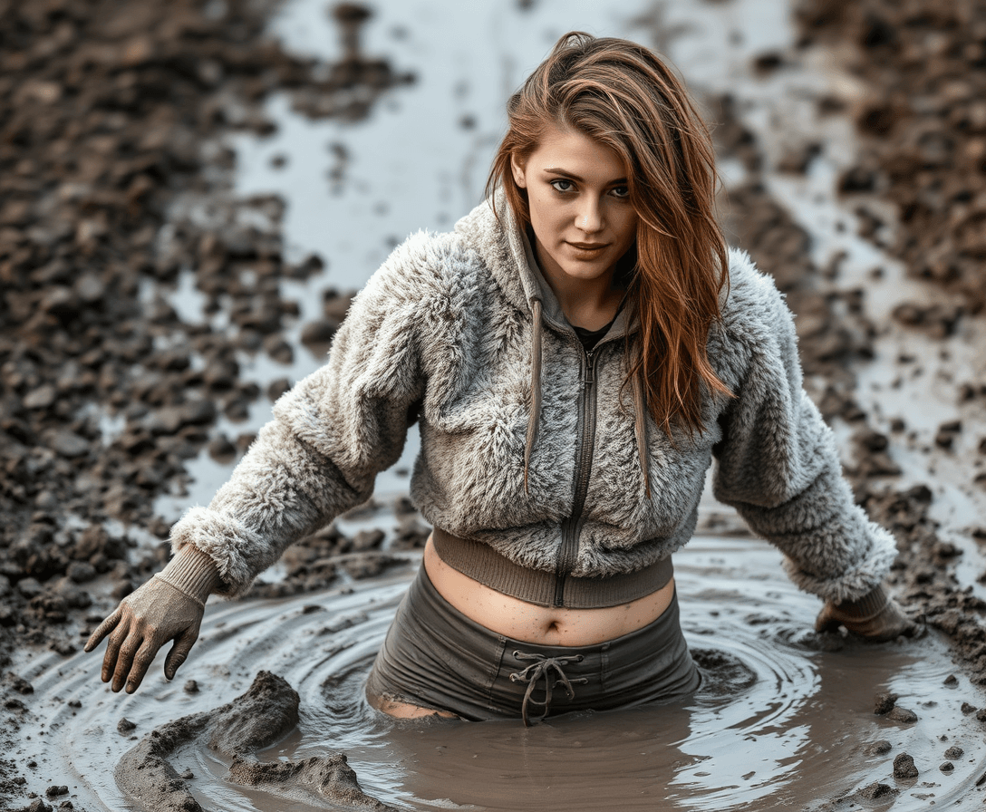 women  in mud. she is wearing a muddy thick and fluffy white fur cropped unzip sweatshirt, leggings and sporty shoes. Her face, hair and sweatshirt are completely covered by thick and sticky grey mud.