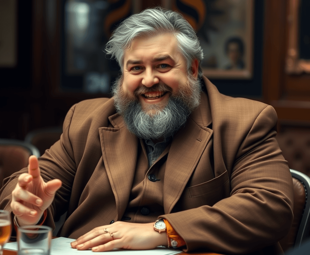 A heavyset man in an out-of-style, rumpled brown three-piece suit.  His beard and hair are graying and unkempt.  There is a sparkle in his eye and a smile on his face as he sits at a table, talking and gesturing with his hands.